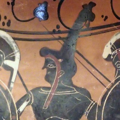 Scythe & 2 guerriers grecs (Olpè attique à fig noires) - Peintre de Londres B495