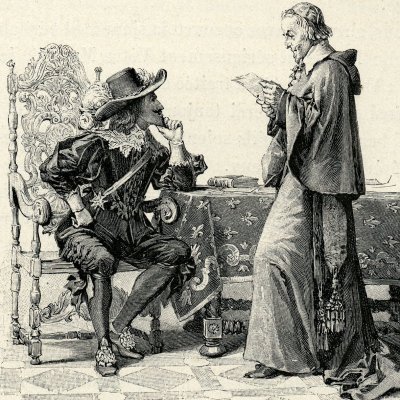 Le cardinal lit la lettre de la Reine au Roi (Les 3 mousqu., 1894) - M. Leloir
