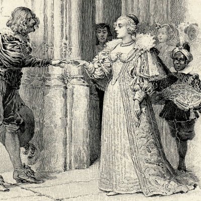 Porthos donne l’eau bénite à une dame (Les 3 mousquetaires, 1894) - M. Leloir