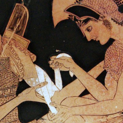 Achille panse une blessure de Patrocle (Kylix à fig. rouges) - Peintre de Sosias