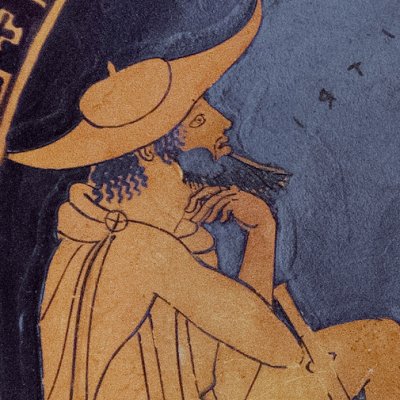 Œdipe et la sphinge (Kylix attique à fig. rouges, Vatican) - Peintre d’Œdipe