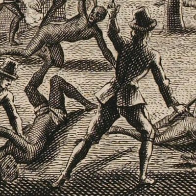 Massacre à Madagascar (Robinson Crusoe, trad. fr., Amsterdam, Chatelain 1726)