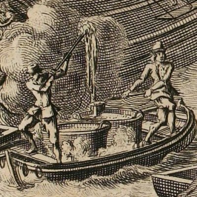 Combat avec la poix bouillante (Robinson Crusoe, trad. fr., Amsterdam, Chatelain 1726)