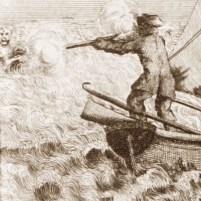 R. Crusoé abat un lion en Guinée (Robinson Crusoe, Londres 1722)