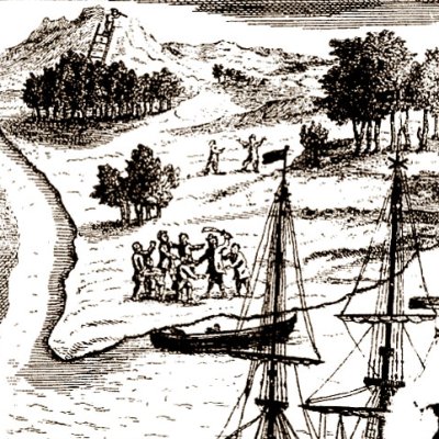Arrivée dans l’île d’un bateau anglais (Robinson Crusoe, Londres 1722) - Clark