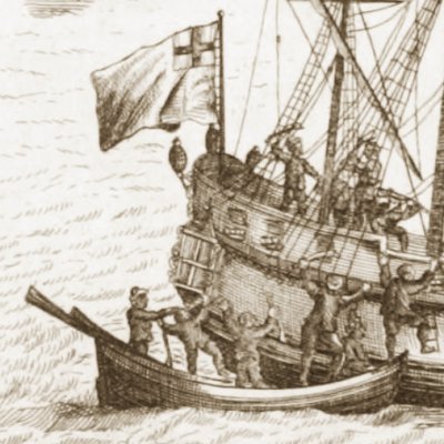 R. Crusoé reprend aux pirates le navire du Cap. (Robinson Crusoe, Londres 1722)