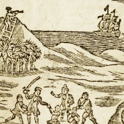 Arrivée d’un vaisseau anglais (Robinson Crusoe abrégé, Londres 1752)