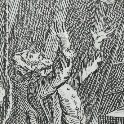 Robinson lit la Bible (Robinson Crusoe, trad. fr., Amsterdam, Châtelain, 1768)