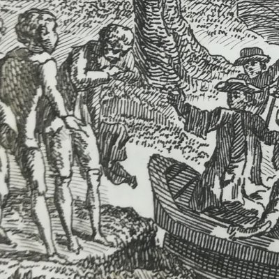 Départ de Robinson (Robinson Crusoe, trad. fr., Amsterdam, Châtelain, 1768)