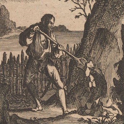 Robinson creuse son logement (Robinson Crusoé, trad. hollandaise, 1721)