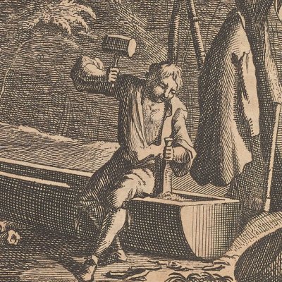 Robinson fabrique une pirogue (Robinson Crusoé, trad. hollandaise, 1721)
