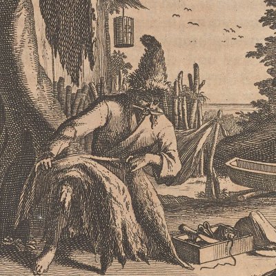 Robinson se fait des vêtements de peaux (Robinson Crusoé, trad hollandaise 1721)