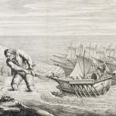 Gulliver tire la flotte de Blesuscu à Lilliput (Gulliver’s Travels, 1726) - Grison