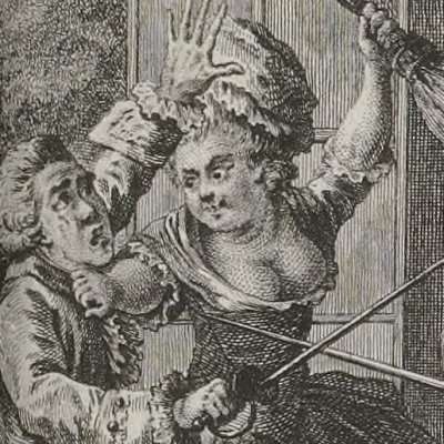 Ursule se bat contre un escroc (Paysan perverti,  Esprit 1782, fig44) - Binet