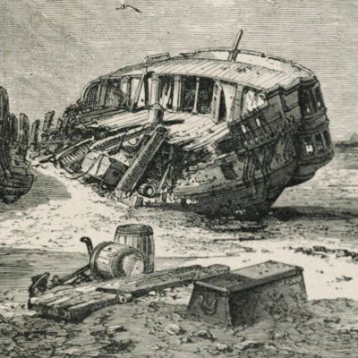 A storm brings the wreck closer (Robinson Crusoe, London, 1863)