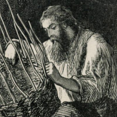 Robinson fabrique des paniers (Robinson Crusoe, Londres, 1863)