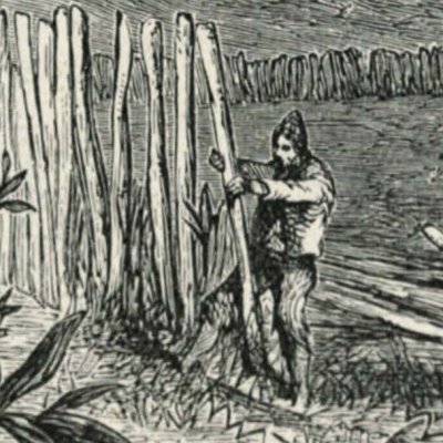 Robinson palisse un enclos pour ses chèvres (Robinson Crusoe, Londres, 1863)