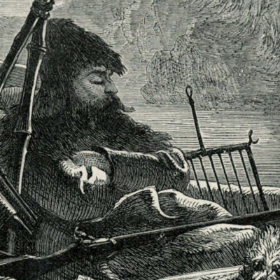 Robinson asleep in his boat (Robinson Crusoe, London, 1863)