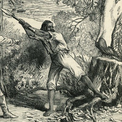 Vendredi et Robinson coupent du bois (Robinson Crusoe, Londres, 1863)
