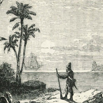 Robinson spots an English ship (Robinson Crusoe, London, 1863)