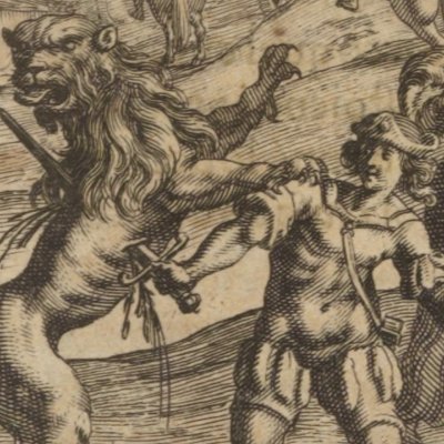 Rosiléon tue un lion et sauve Policandre (L’Astrée 1633, IV, 10) - Lasne > Radel