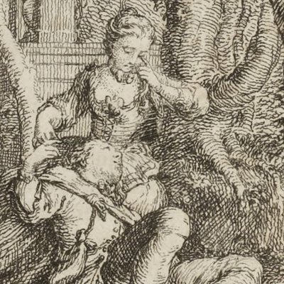 Diane & Filandre devant le cavalier maure qu’il a tué (L’Astrée, 1733, I, 6)