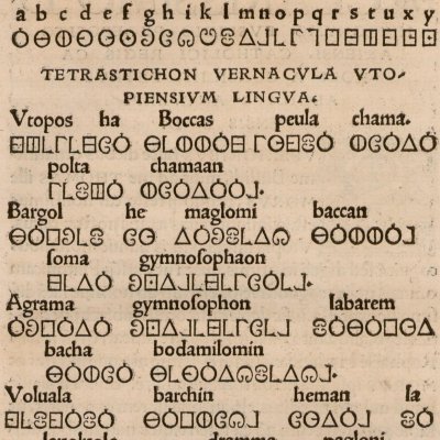 Alphabet utopien, transcription, traduction(Th. More, Utopie, Bâle, 1518)