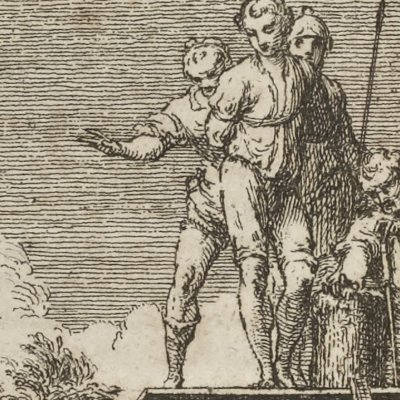 Victoire de Mélandre sous l’échafaud de Lydias (L’Astrée 1733, I, 12) - Gravelot