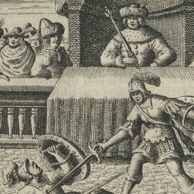 Alcippe kills the Visigoth in front of Pimandre (Dend hyrdinde Astrea, I, 3, 1646)