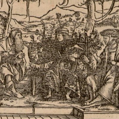 Raphaël Hythlodée avec les amis de More (Th. More, Utopie, Bâle, 1518)