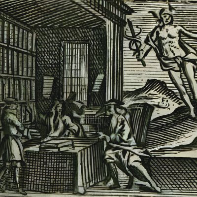 L’auteur composant son livre (Tyssot de Patot, Le Voyage de Groenland, 1720)