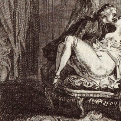 Thérèse behind the curtain of Mrs C.'s bed (Thérèse philosophe, London, 1782)