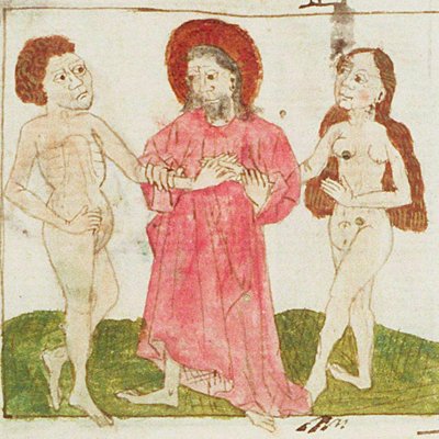Dieu donne Eve à Adam (Speculum humanæ salvationis, KB 10 B 34, F2ra)