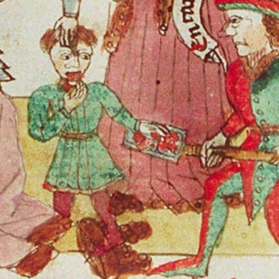 Le jeune Moïse défie Pharaon (Speculum humanæ salvationis, KB 10 B 34, F12ra)