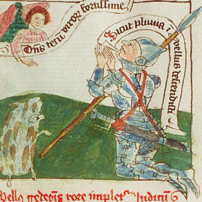 Gédéon reçoit un signe (Speculum humanæ salvationis, KB 10 B 34, F8ra)