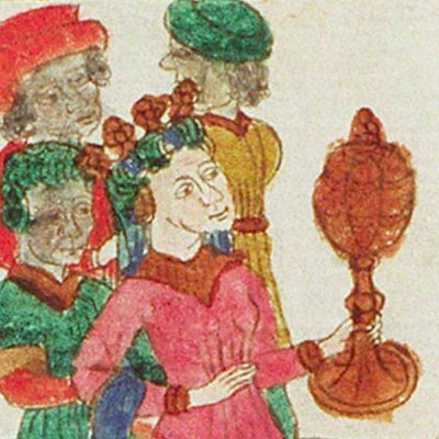 Salomon reçoit la reine de Saba (Speculum humanæ salvationis, KB 10 B 34, F10rb)