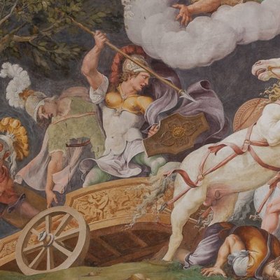 Idaios sauvé de Diomède par Héphaïstos  (Palais Ducal, Salle de Troie) - G. Romano
