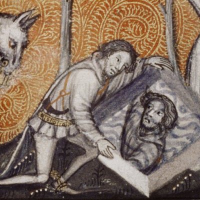 Narcisse à la fontaine (Roman de la rose, Oxford e Mus. 65, fol. 12v)
