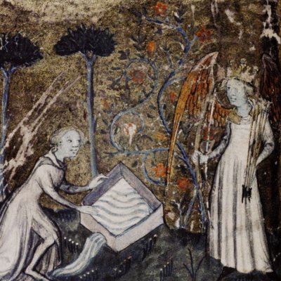 Devant Amour à la fontaine de Narcisse (Roman de la rose, Oxford e Mus. 65 F13v)