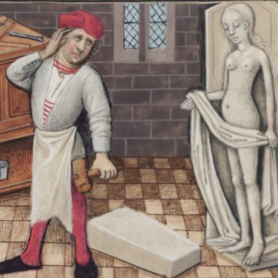 Pygmalion devant sa statue (Roman de la rose, Oxford, Oxford Douce 195 F149)