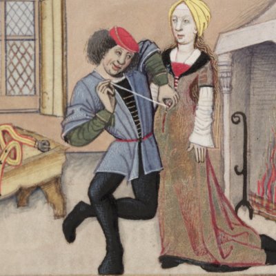 Pygmalion habille la statue (Roman de la rose, Oxford, Ms Douce 195 F150)