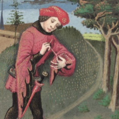 L’amant coud ses manches et part (Roman de la rose, Oxford Douce 195, F1v)