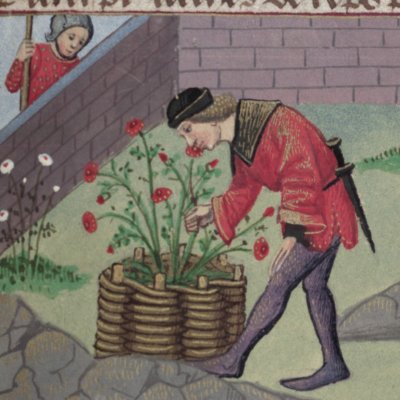 Premier baiser de l’amant à la rose (Roman de la rose, Oxford Douce 195, F26)