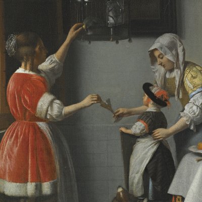 Intérieur avec un enfant nourrissant un perroquet - Pieter de Hooch