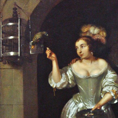 Femme au perroquet et Homme avec un singe - Caspar Netscher