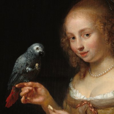 Jeune fille à la fenêtre nourrissant un perroquet - Caspar Netscher