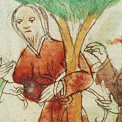 Achior attaché à un arbre (Speculum humanæ salvationis, KB 10C23, F23v)