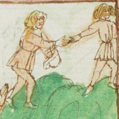 Tobie & l’ange quittent Anne & Tobit (Speculum humanæ salvationis, KB 10 C 23, F38v)
