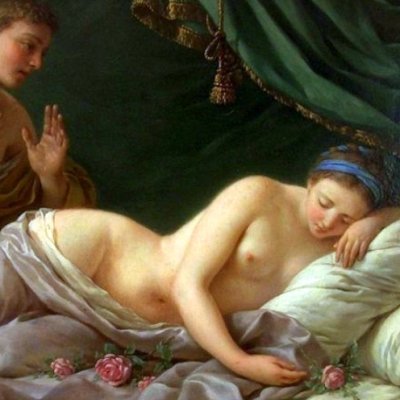 Jeune femme endormie sur un lit de roses - Lagrenée