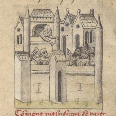 Mélusine paraît à la fenêtre puis s’envole  (Roman de Mélusine, Ars 3353)